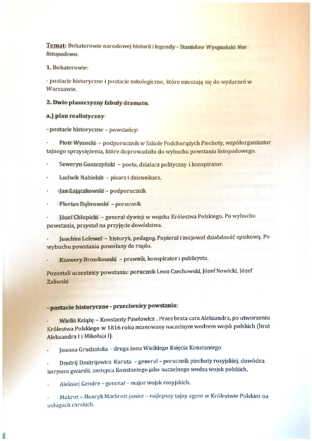 Temat: Stanisław Wyspiański wobec historii powstania listopadowego w Nocy
listopadowej.
1. Autor w ,,Nocy listopadowej":
●
opowiada o nocy w