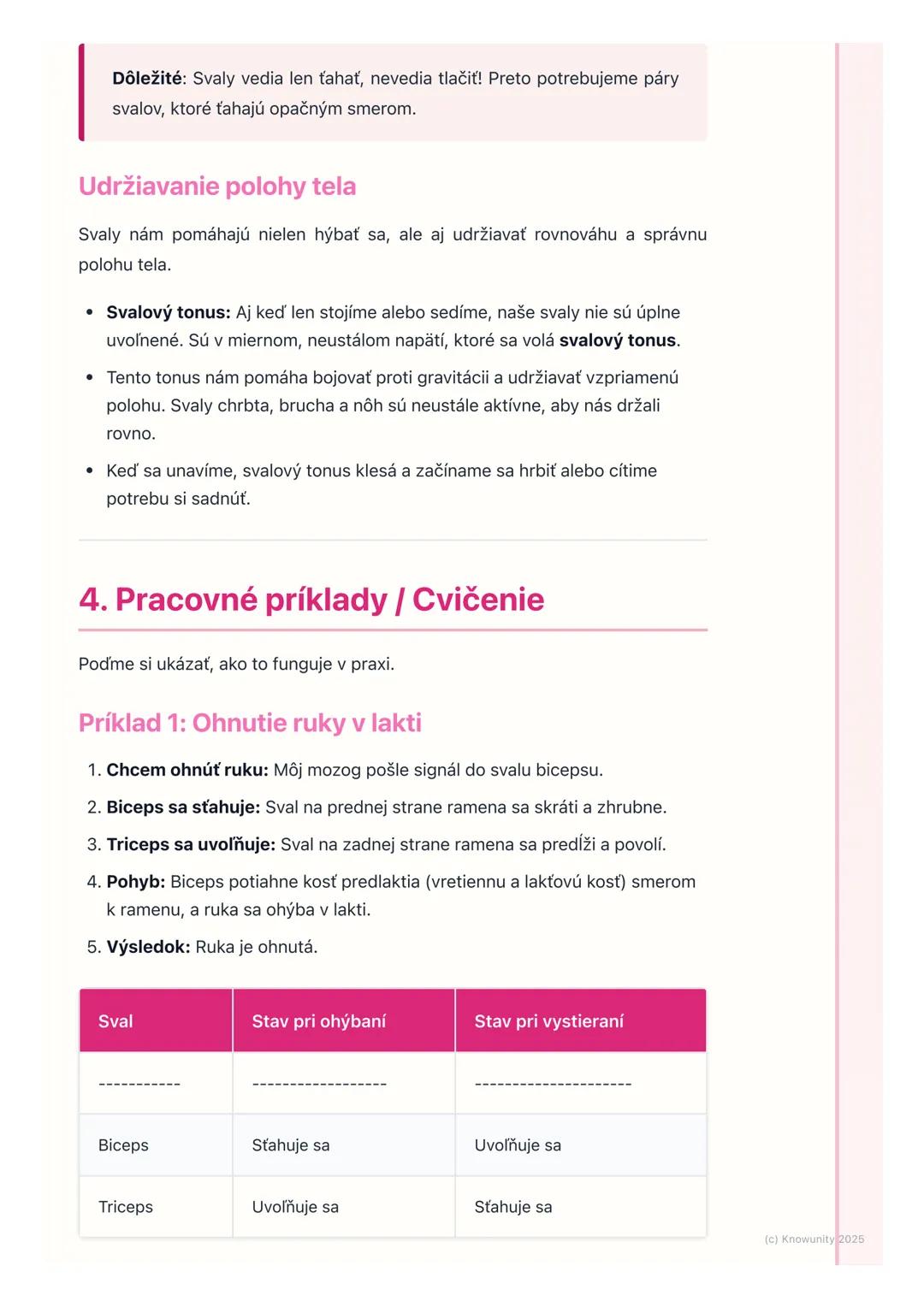 # Svaly a ich činnosť

1. Prehľad / Úvod

Svaly sú super dôležitá časť nášho tela. Spolu s kosťami tvoria opornú a
pohybovú sústavu, ktorá n