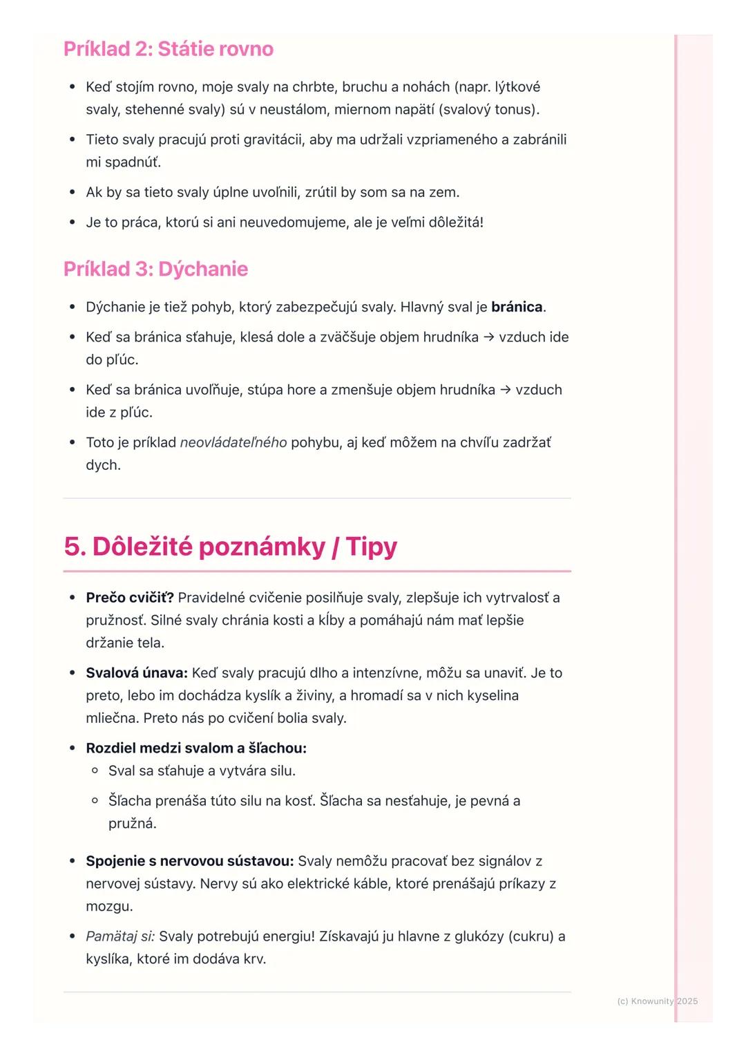 # Svaly a ich činnosť

1. Prehľad / Úvod

Svaly sú super dôležitá časť nášho tela. Spolu s kosťami tvoria opornú a
pohybovú sústavu, ktorá n