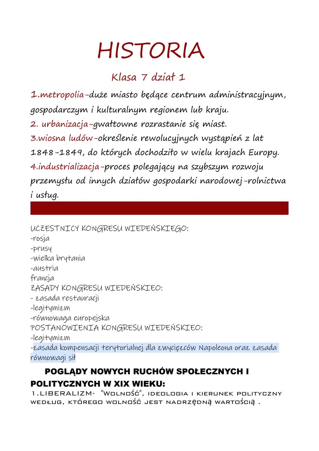 HISTORIA
Klasa 7 dział 1
1.metropolia-duże miasto będące centrum administracyjnym,
gospodarczym i kulturalnym regionem lub kraju.
2. urbaniz