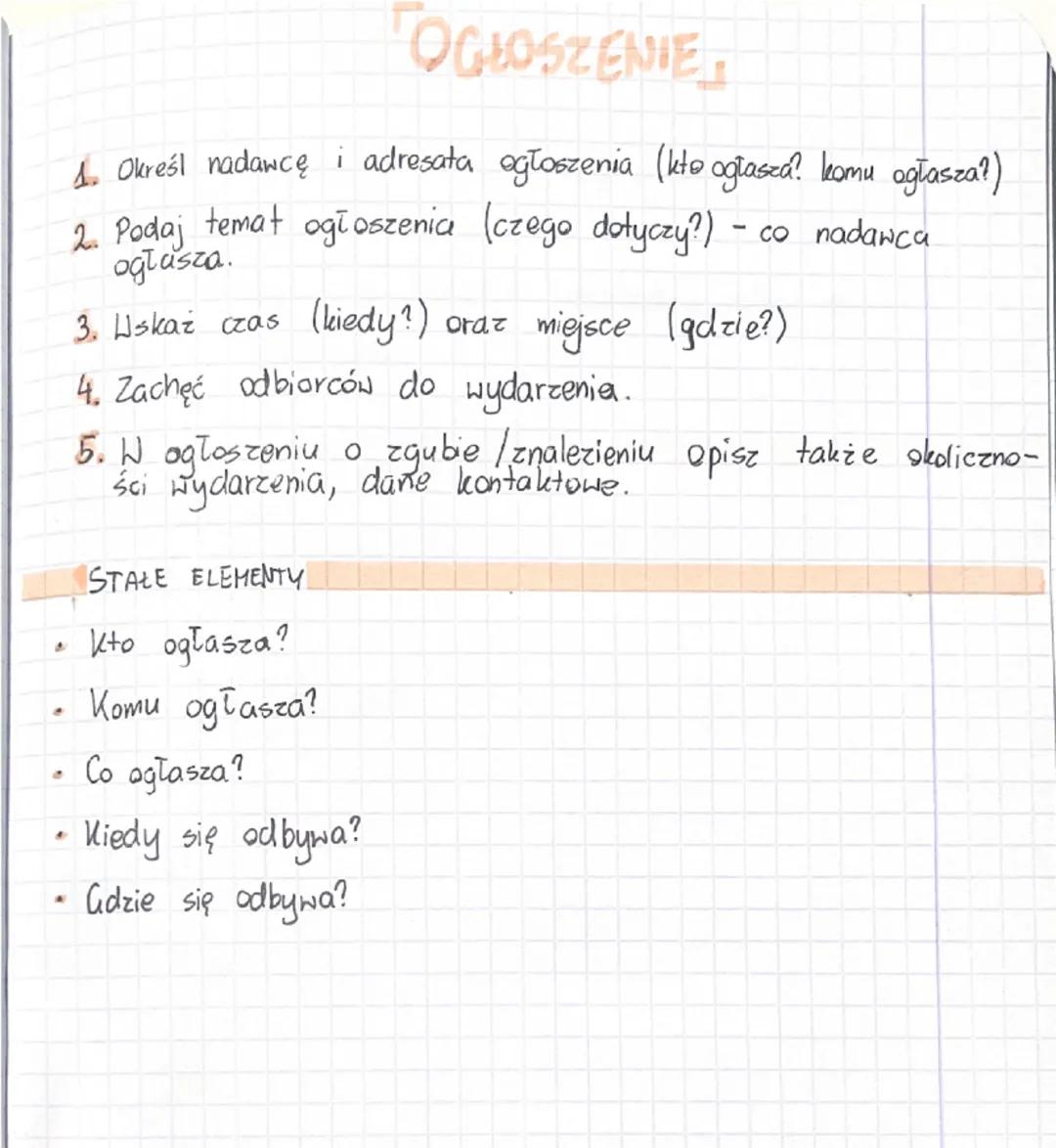 # OGŁOSZENIE

1. Określ nadawcę i adresata ogłoszenia (kto ogłasza? komu ogłasza?)
2. Podaj temat ogłoszenia (czego dotyczy?) - co nadawca o
