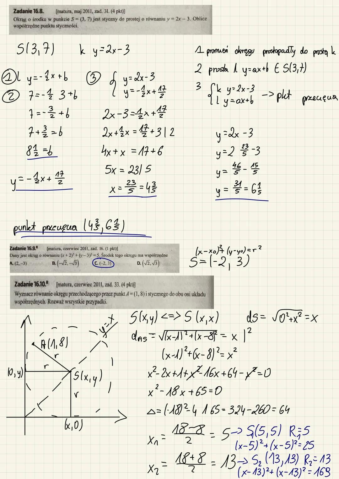 Zadanie 16.1. [matura, maj 2010, zad. 21. (1 pkt)]
Wskaż równanie okręgu o promieniu 6.
A. x² +2²=3
B.x²+²=6
ZADANIA
C.x²+²=12
2
2
(x-xo) ² 