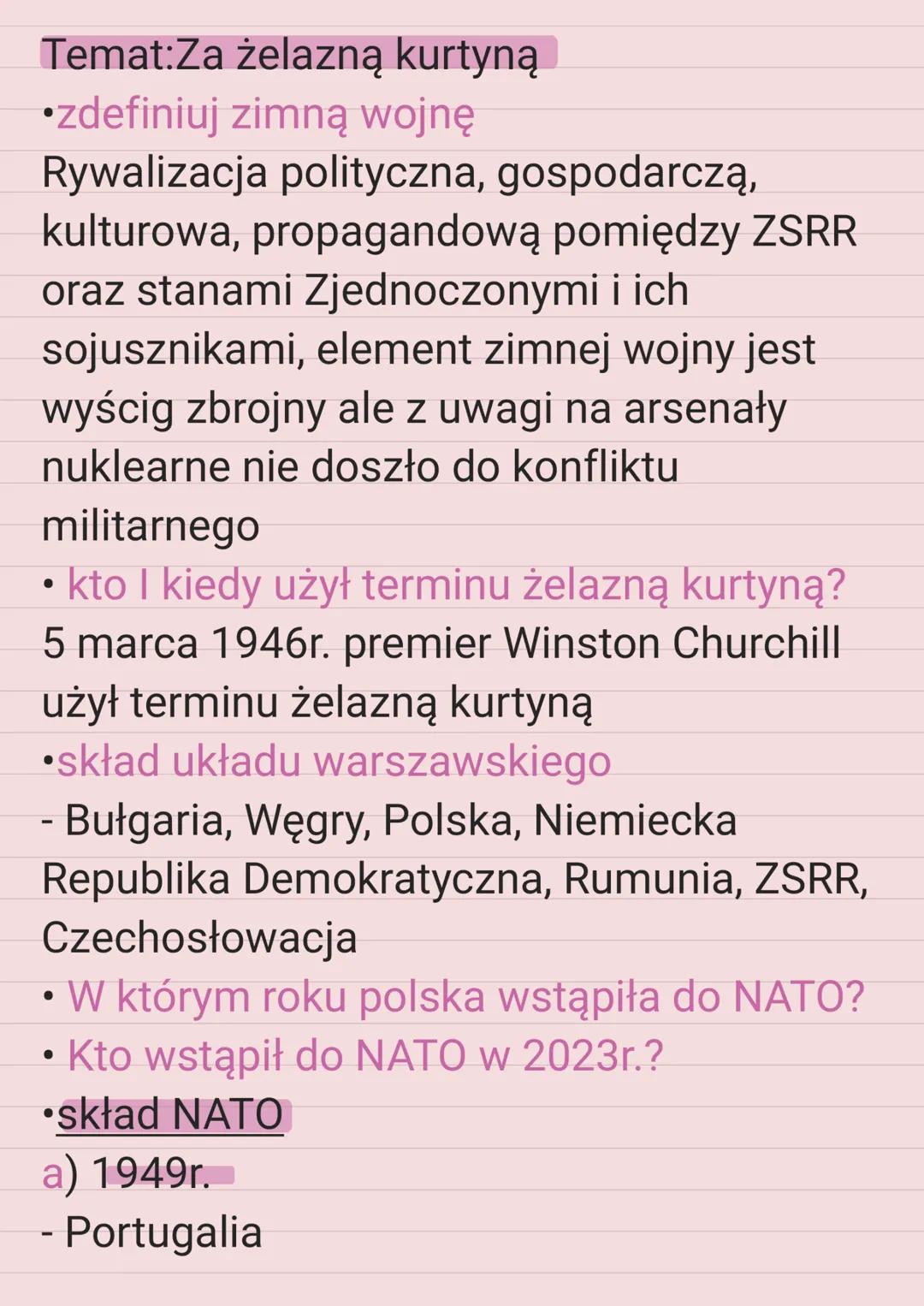 Temat:Za żelazną kurtyną
•zdefiniuj zimną wojnę
Rywalizacja polityczna, gospodarczą,
kulturowa, propagandową pomiędzy ZSRR
oraz stanami Zjed