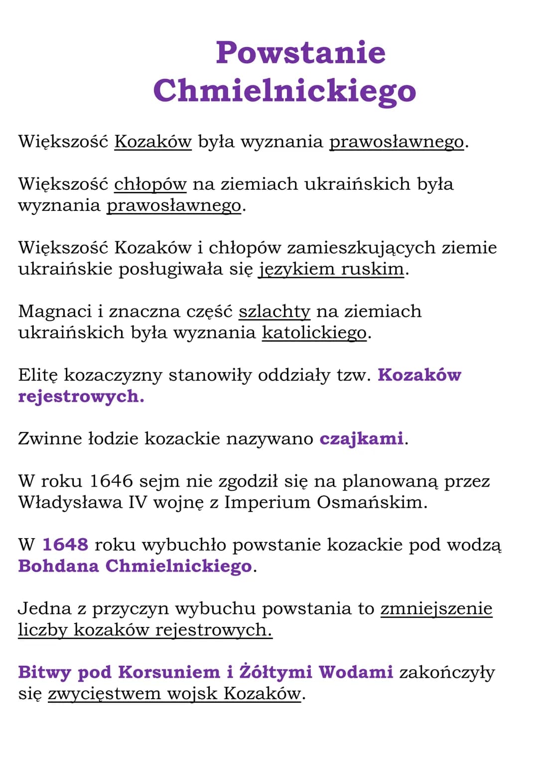 Powstanie
Chmielnickiego
Większość Kozaków była wyznania prawosławnego.
Większość chłopów na ziemiach ukraińskich była
wyznania prawosławneg