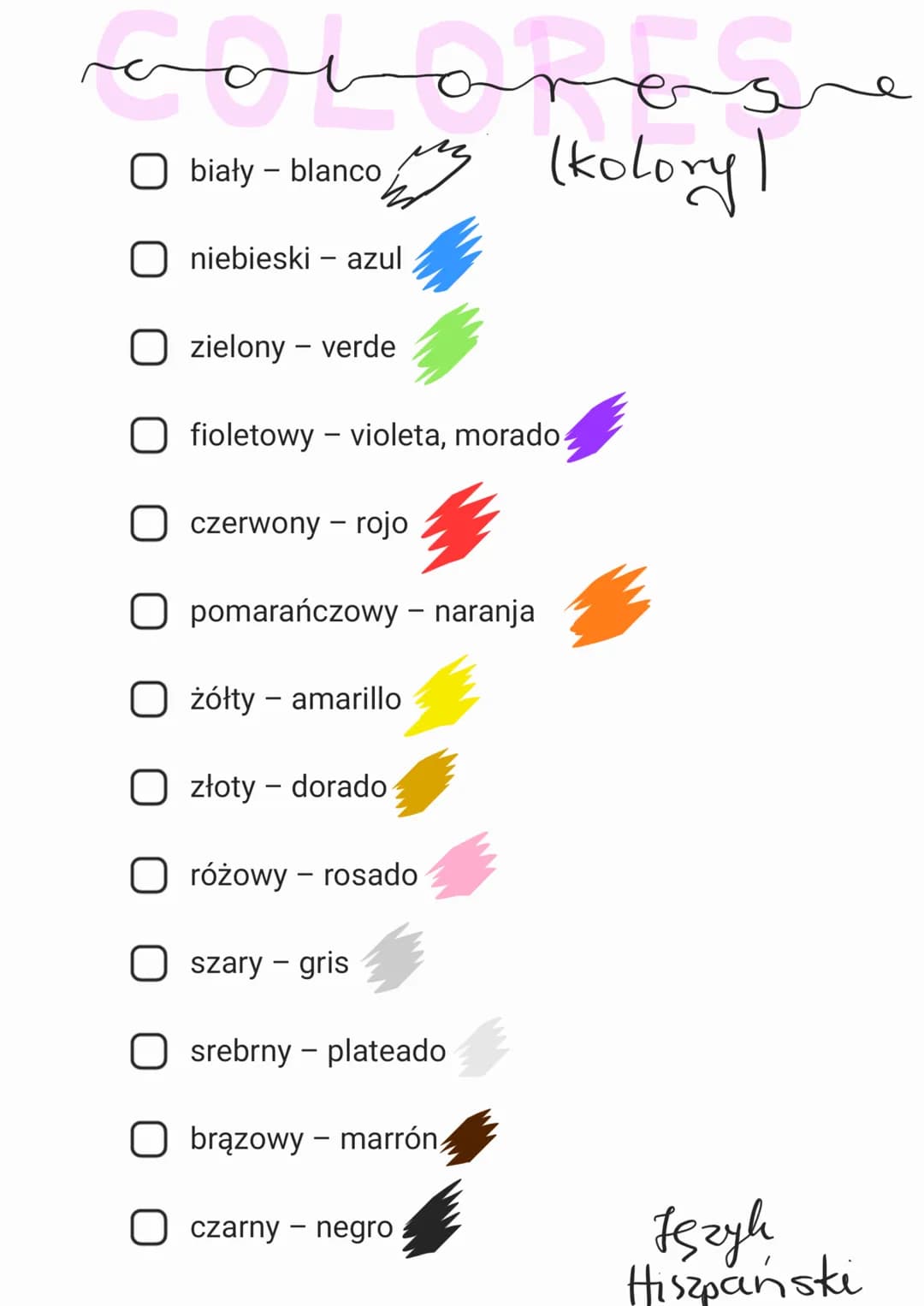 منهم سلمة
biały - blanco
niebieski - azul
m (kolory)
zielony - verde
fioletowy - violeta, morado
czerwony - rojo
pomarańczowy - naranja
O żó
