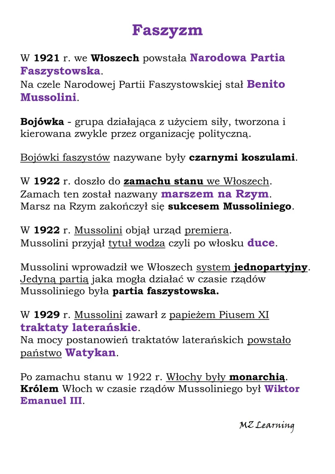 Faszyzm
W 1921 r. we Włoszech powstała Narodowa Partia
Faszystowska.
Na czele Narodowej Partii Faszystowskiej stał Benito
Mussolini.
Bojówka