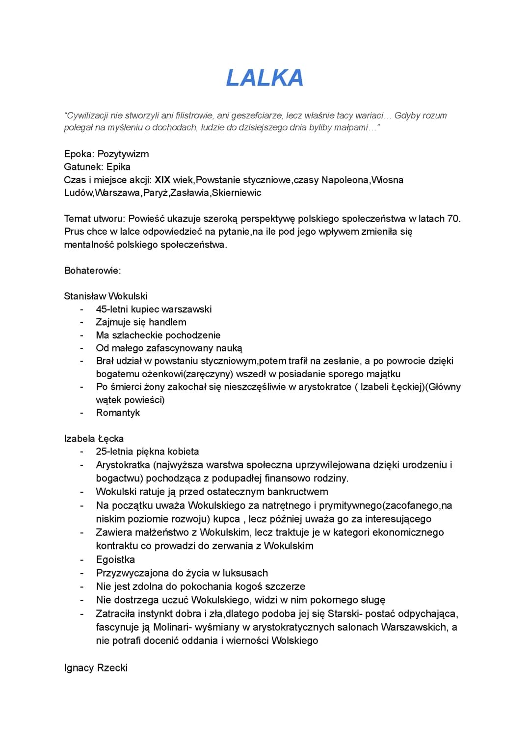 Lalka-streszczenie szczegółowe