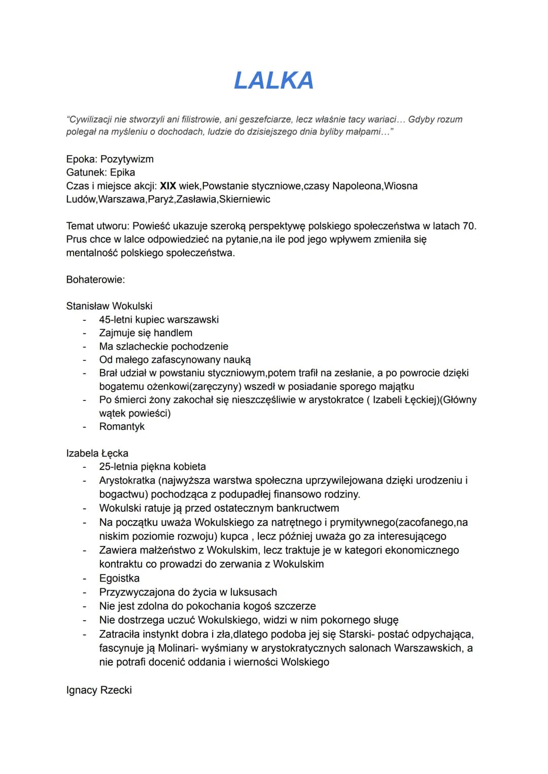 --- OCR Start ---
LALKA
"Cywilizacji nie stworzyli ani filistrowie, ani geszefciarze, lecz właśnie tacy wariaci... Gdyby rozum
polegał na my