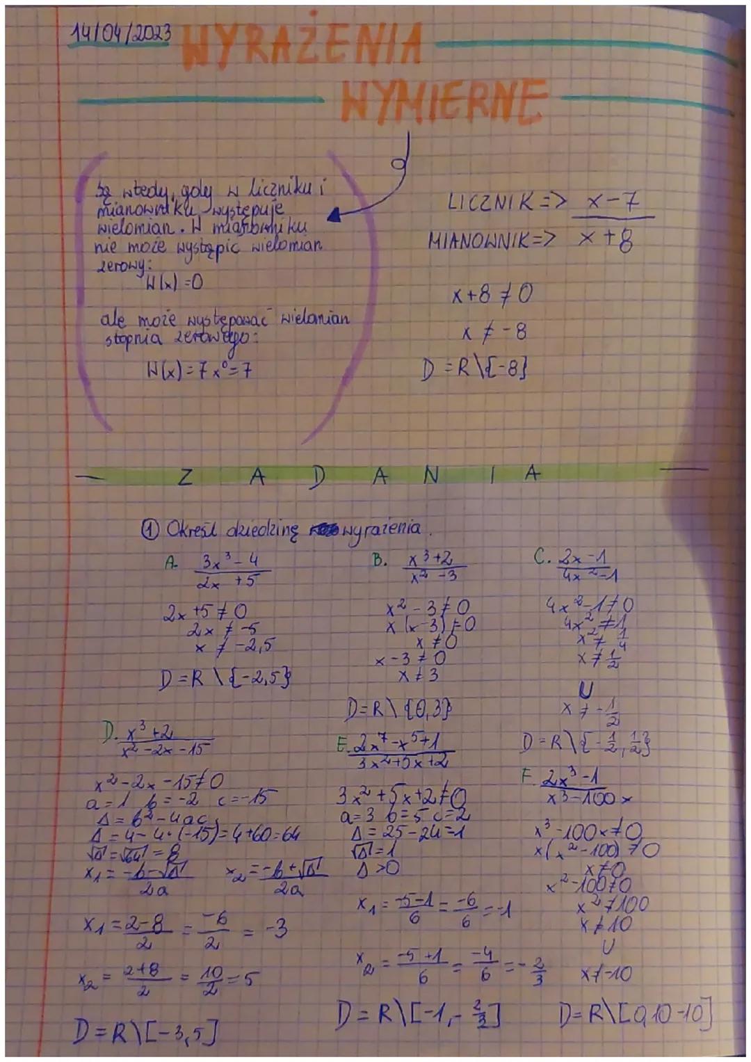 14/04/2023 YRAZENIA
32 wtedy, goly w liczniku i
mianowndkle występuje
wielomian. I miambini ku
nie może wystąpic wielomian
zerowy:
°W₁x)=0
a