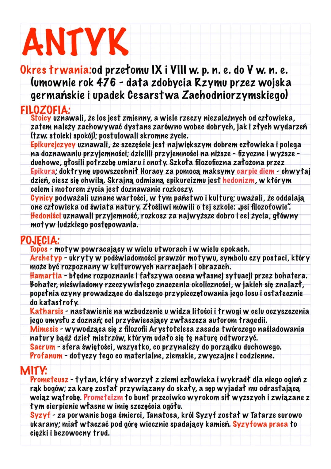 ANTYK
Okres trwania:od przełomu IX i VIII w. p. n. e. do V w. n. e.
(umownie rok 476 - data zdobycia Rzymu przez wojska
germańskie i upadek 