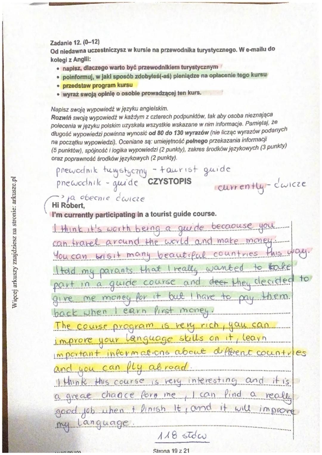 Więcej arkuszy znajdziesz na stronie: arkusze.pl
Zadanie 12. (0-12)
Od niedawna uczestniczysz w kursie na przewodnika turystycznego. W e-mai