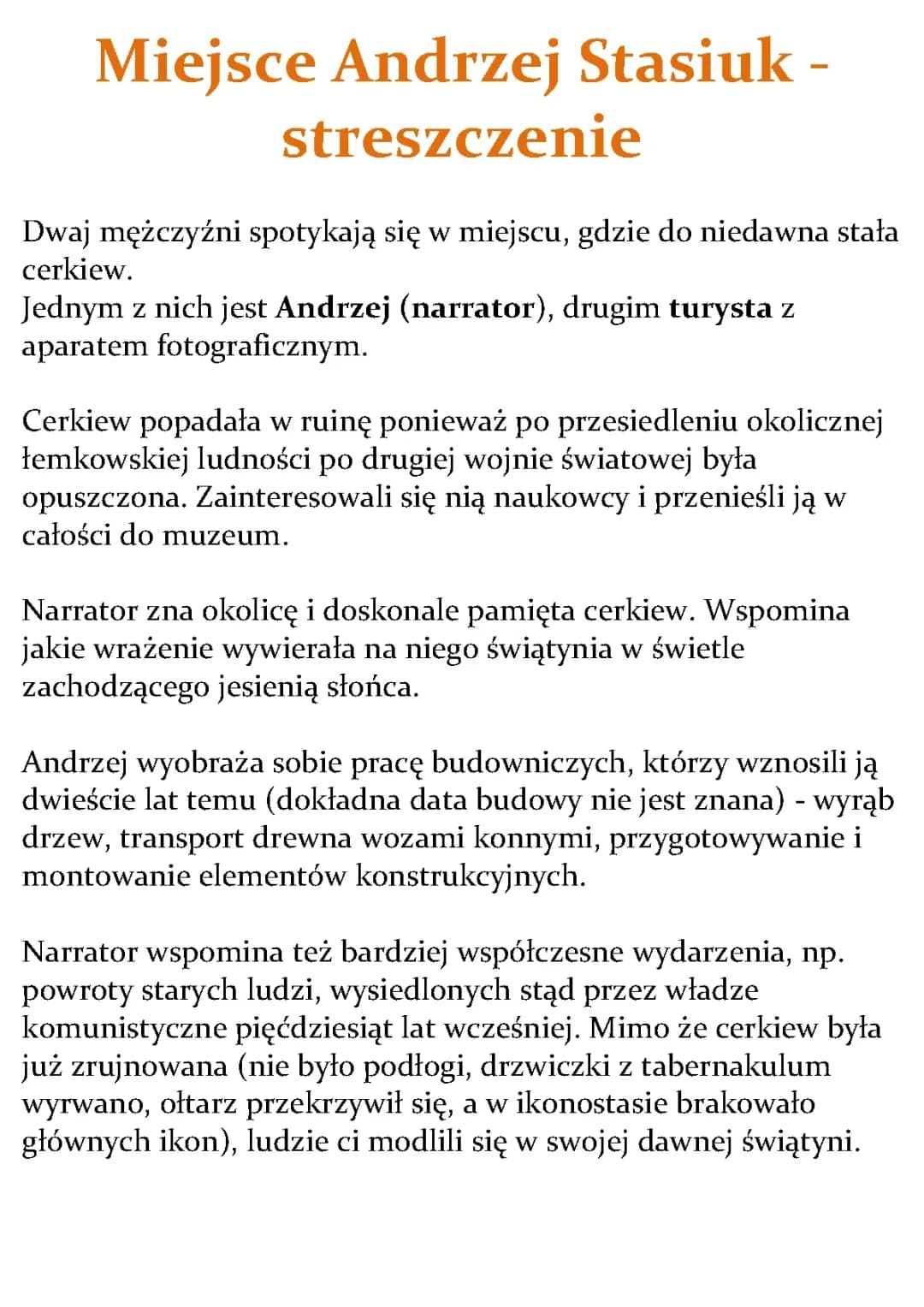 Miejsce Andrzej Stasiuk - streszczenie
