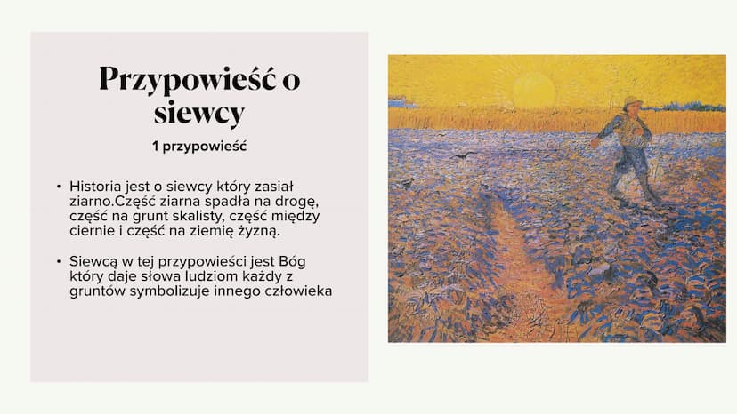 +
Przypowieści
Antoni Mossakowski i Kamil Wysogląd
M
CRYSTAL
CITY ●
●
Przypowieść o
siewcy
1 przypowieść
Historia jest o siewcy który zasiał