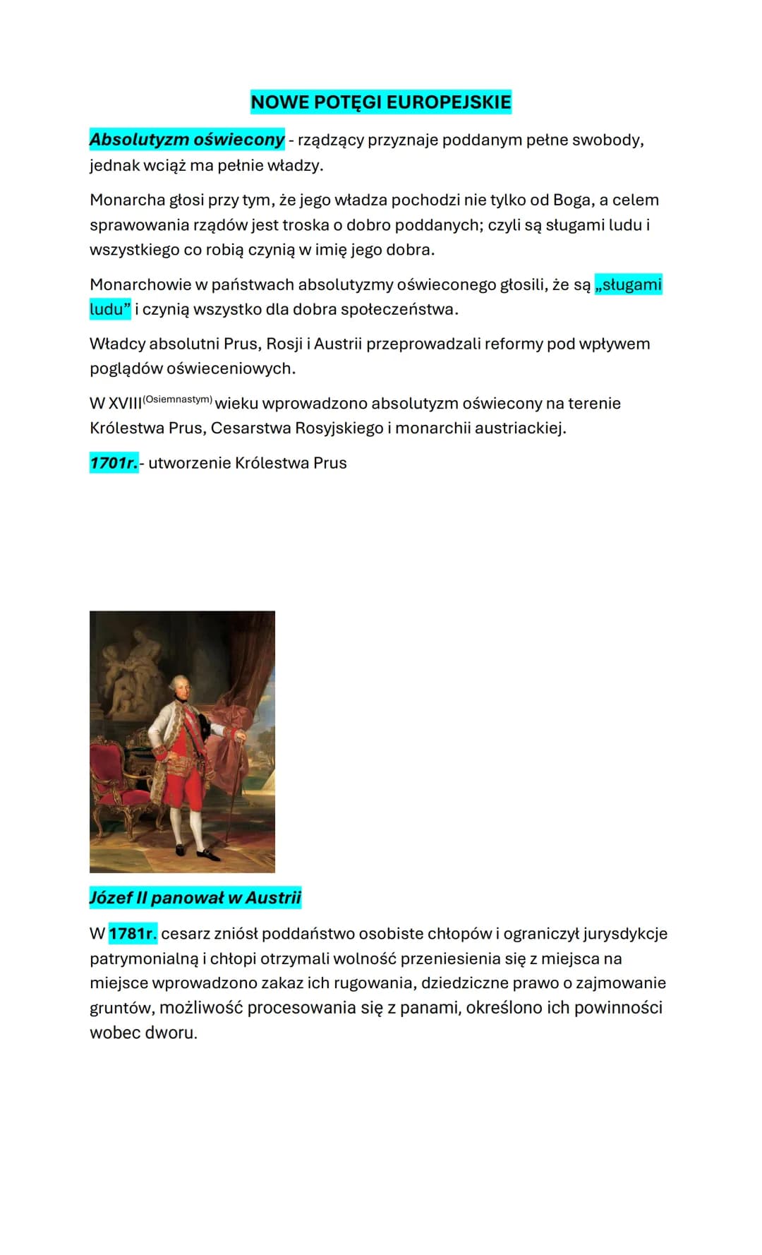 NOWE POTĘGI EUROPEJSKIE
Absolutyzm oświecony - rządzący przyznaje poddanym pełne swobody,
jednak wciąż ma pełnie władzy.
Monarcha głosi przy