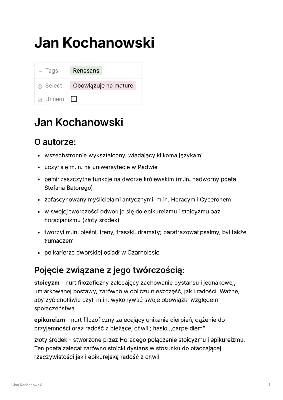 Jan Kochanowski
Tags
Renesans
Select Obowiązuje na mature
✓ Umiem
Jan Kochanowski
O autorze:
•
wszechstronnie wykształcony, władający kilkom