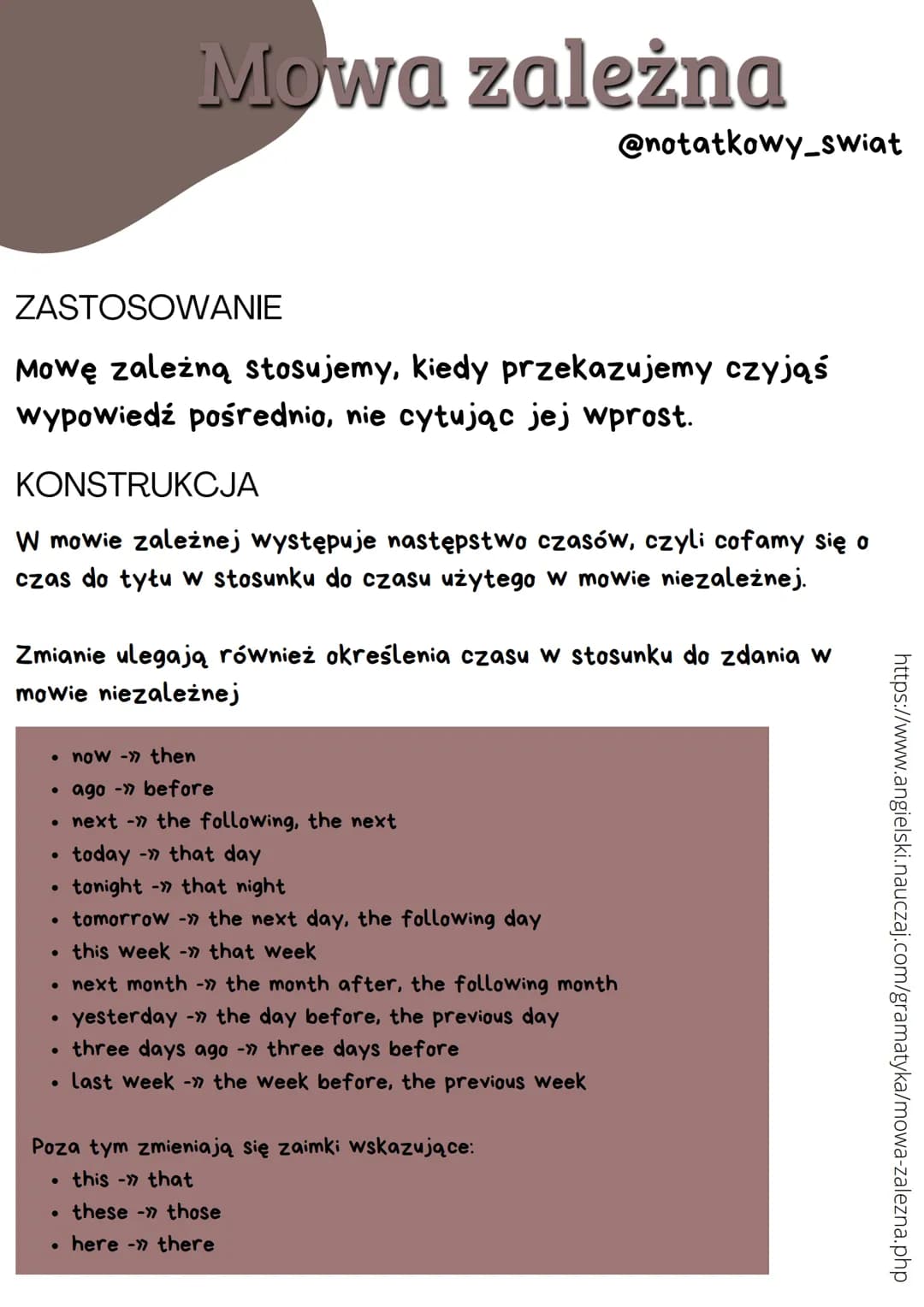 Mowa zależna
ZASTOSOWANIE
Mowę zależną stosujemy, kiedy przekazujemy czyjąś
wypowiedź pośrednio, nie cytując jej wprost.
KONSTRUKCJA
W mowie