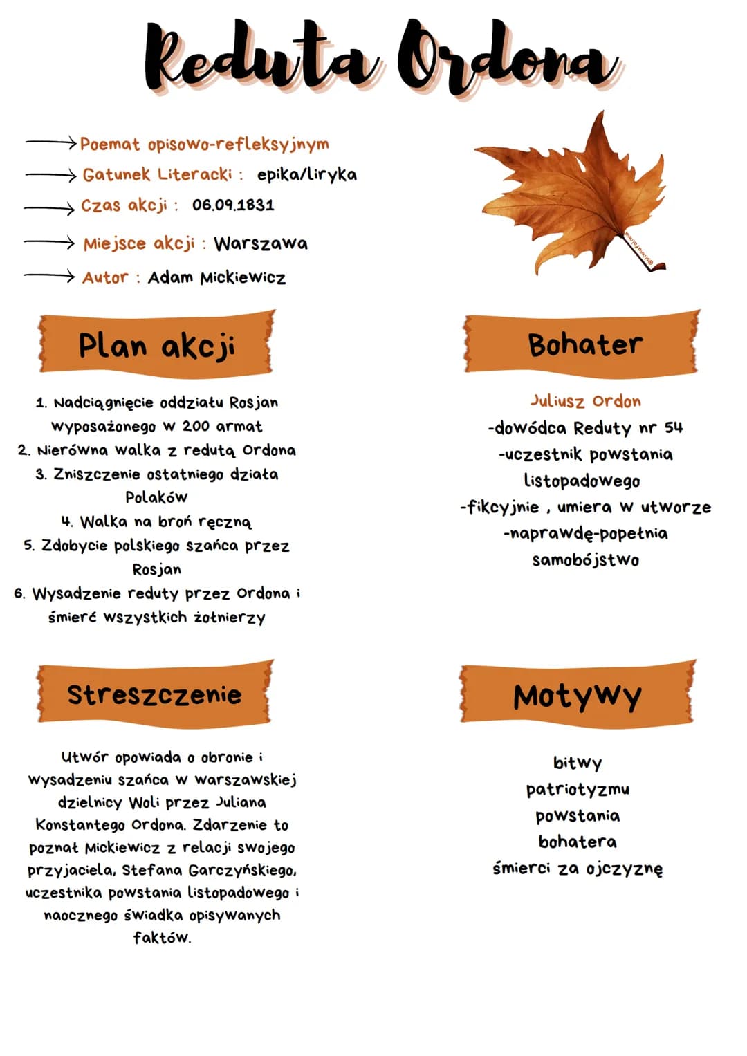 Reduta Ordona
Poemat opisowo-refleksyjnym
Gatunek Literacki: epika/liryka
Czas akcji: 06.09.1831
Miejsce akcji: Warszawa
Autor: Adam Mickiew