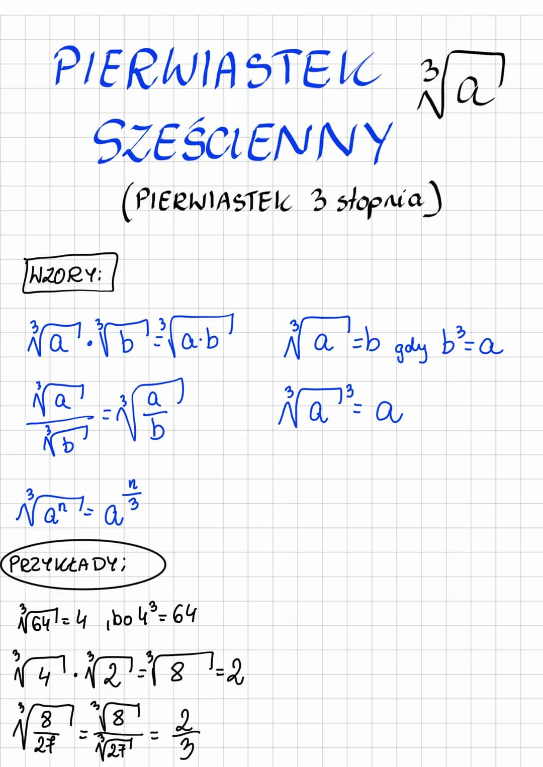 3
PIERWIASTEK √a
SZEŚCIENNY
(PIERWIASTEK 3 stopnia)
WZORY:
√√₁² · √b² ²³√a·b² √√α = b goy b ² = a
Na
a
√² = √²/
b
3,
Na^² = a +²=²
Qª
(PRZYK