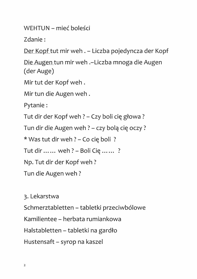 Niemiecki - sprawdzian
GESUNDHEIT
1. Części ciała
Der Rücken - plecy (1.mn - )
Der Magen- żołądek (l.mn -)
Der Mund- usta (I.mn -)
Der Fuß -