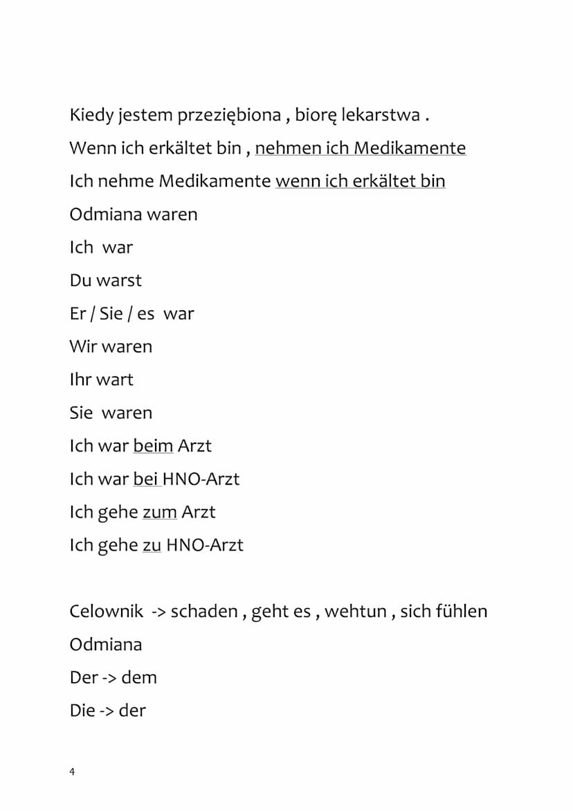 Niemiecki - sprawdzian
GESUNDHEIT
1. Części ciała
Der Rücken - plecy (1.mn - )
Der Magen- żołądek (l.mn -)
Der Mund- usta (I.mn -)
Der Fuß -