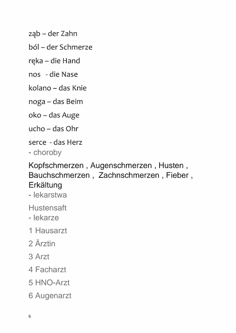 Niemiecki - sprawdzian
GESUNDHEIT
1. Części ciała
Der Rücken - plecy (1.mn - )
Der Magen- żołądek (l.mn -)
Der Mund- usta (I.mn -)
Der Fuß -