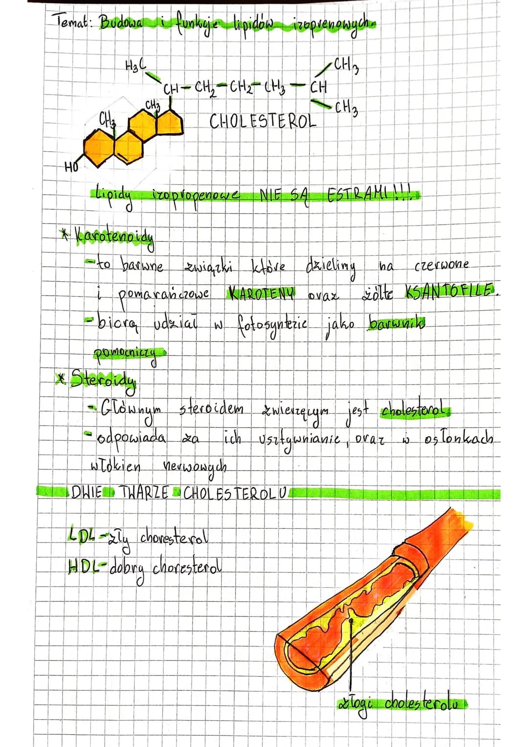 Temat: Budowa i funkejie lipidów izoprenowych.
CH3
-Но
H3C
CH₂
CH-CH₂ CH₂ CH₂ - CH
CHOLESTEROL
CH 3
Lipidy izopropenowe NIE SA ESTRAMI!!!.
*