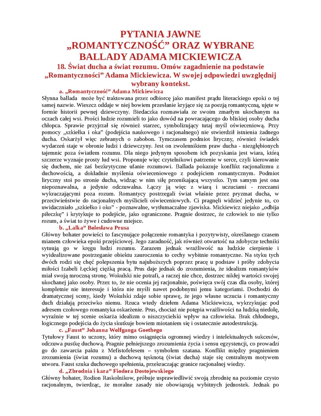 pytania jawne (Romantyczność oraz wybrane ballady Adama Mickiewicza)