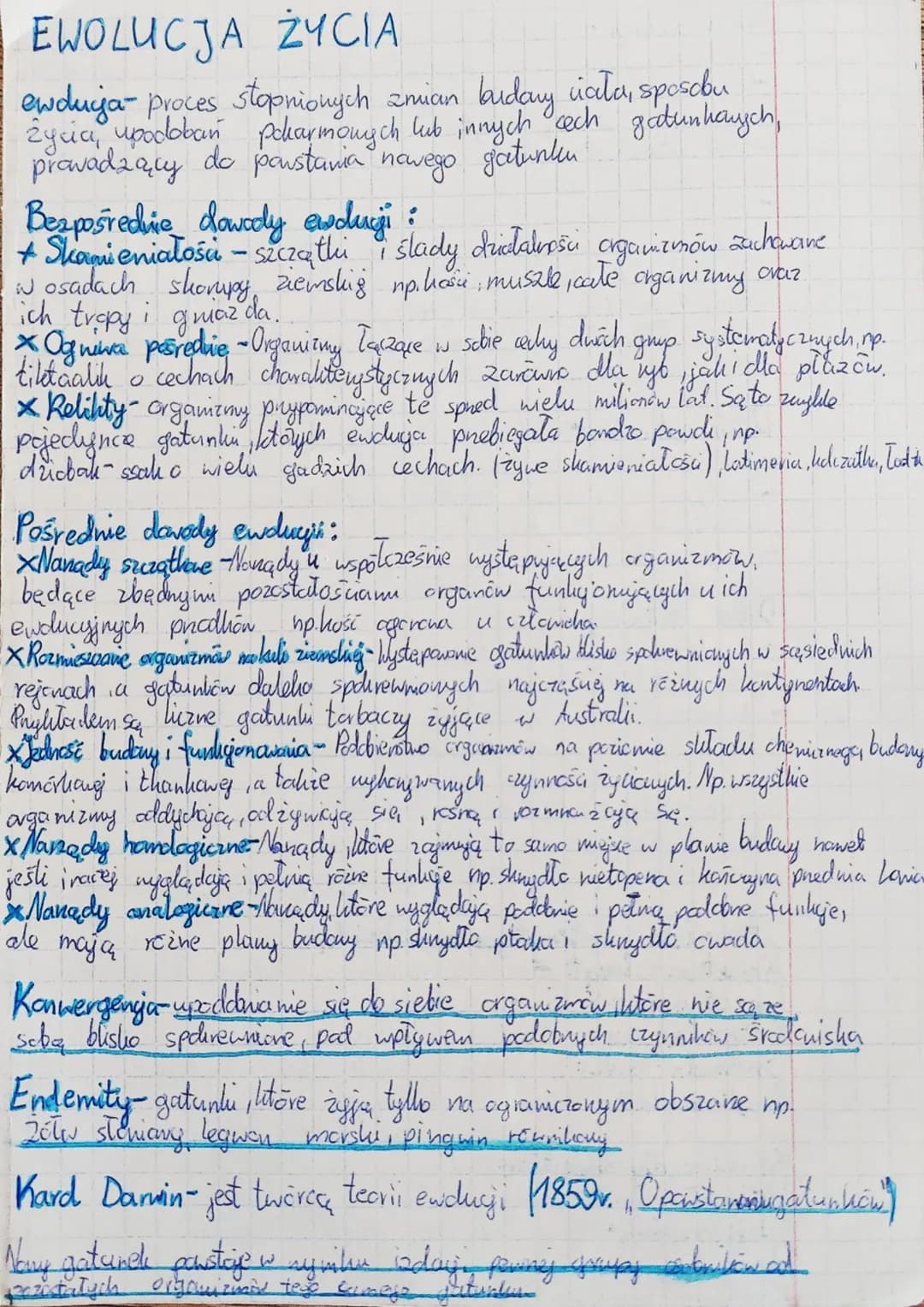 EWOLUCJA ŻYCIA
enduga- proces stopnionych zmian budany ciała, sposobu
życia, upodobań pokarmonych lub innych cech gatunkanych,
prowadzący do