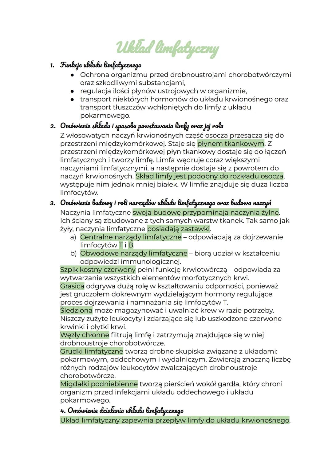 Uklad limfatyczny
1. Funkcje układu limfatycznego
● Ochrona organizmu przed drobnoustrojami chorobotwórczymi
oraz szkodliwymi substancjami,
