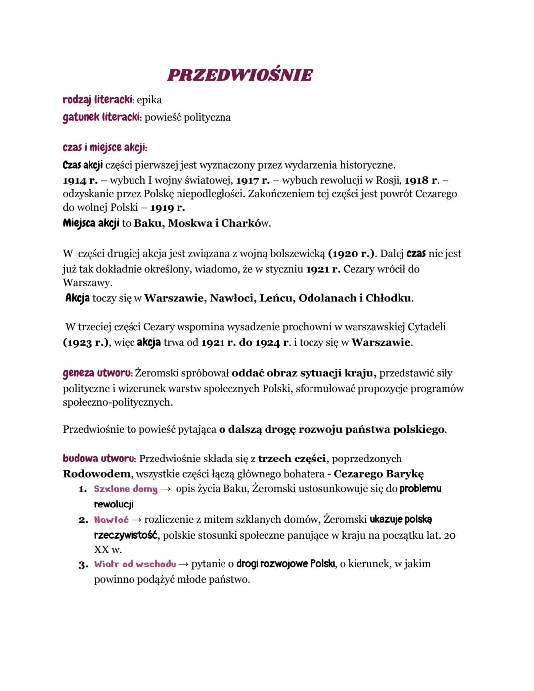 rodzaj literacki: epika
PRZEDWIOŚNIE
gatunek literacki: powieść polityczna
czas i miejsce akcji:
Czas akcji części pierwszej jest wyznaczony
