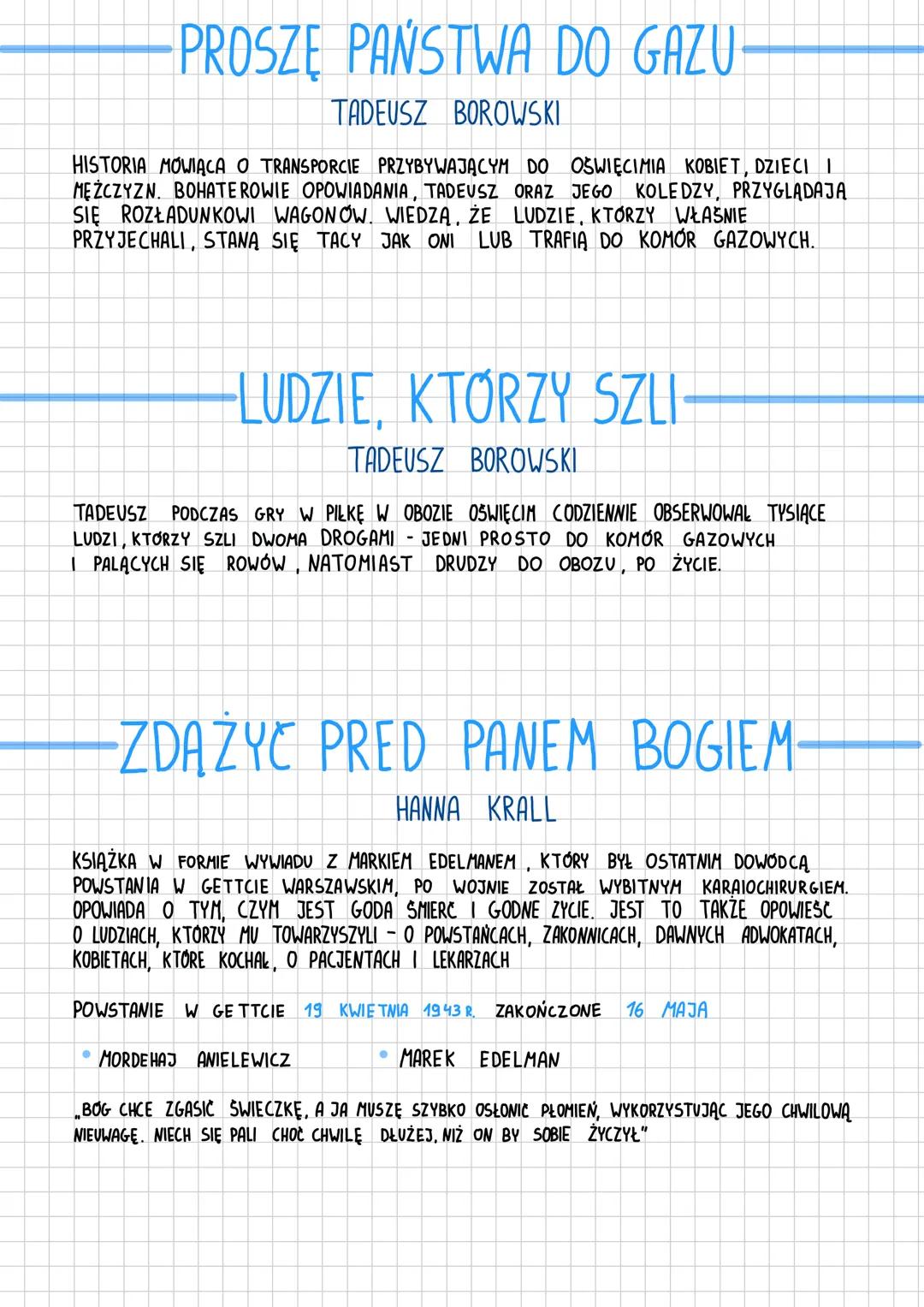 # II wojna światowa

— UTWORY LITERACKIE —

*   KRZYSZTOF KAMIL BACZYŃSKI - „POKOLENIE”, „Z GŁOWĄ NA KARA BINIE”
*   TADEUSZ BOROWSKI - „PRO