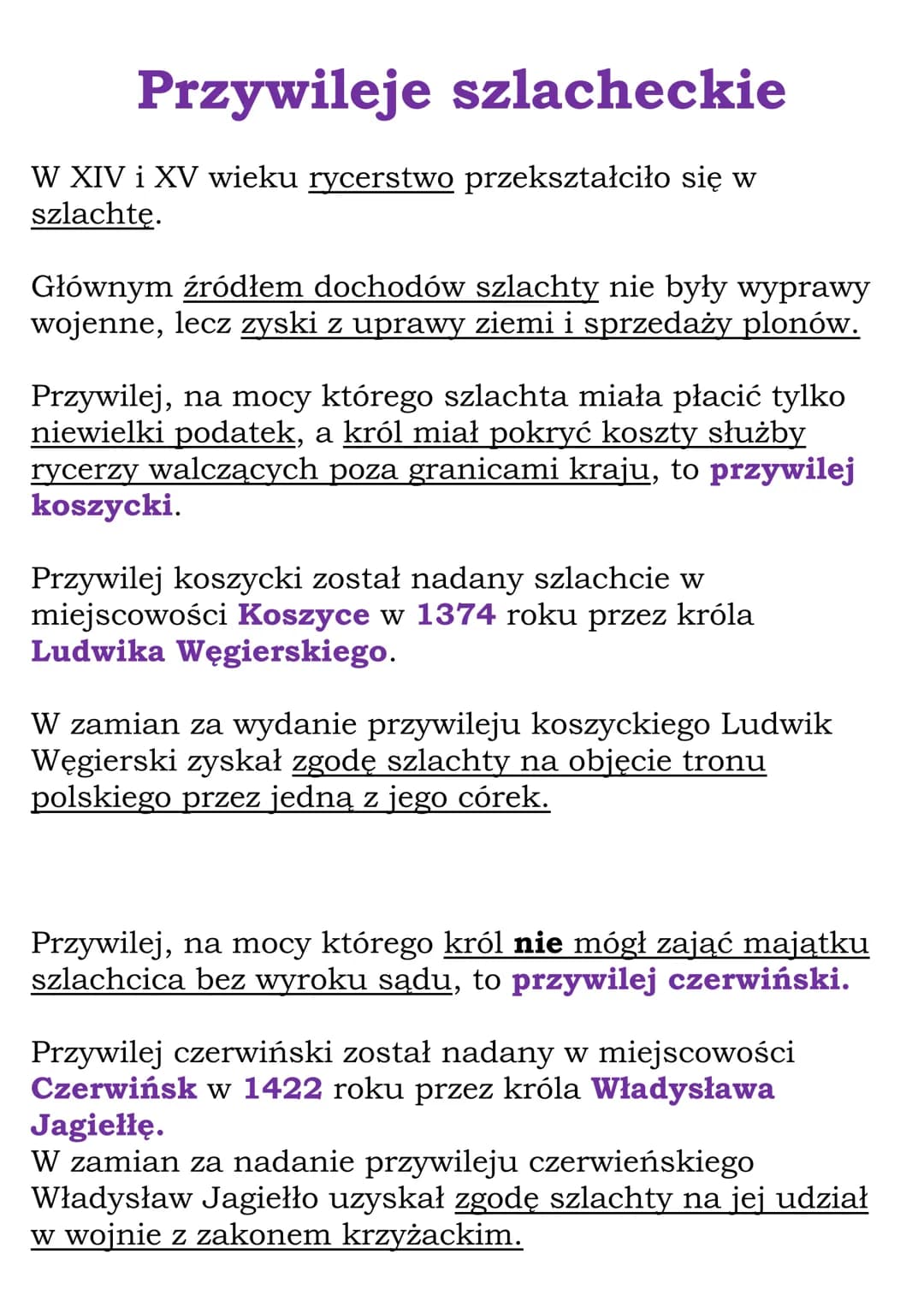 Przywileje szlacheckie
W XIV i XV wieku rycerstwo przekształciło się w
szlachtę.
Głównym źródłem dochodów szlachty nie były wyprawy
wojenne,
