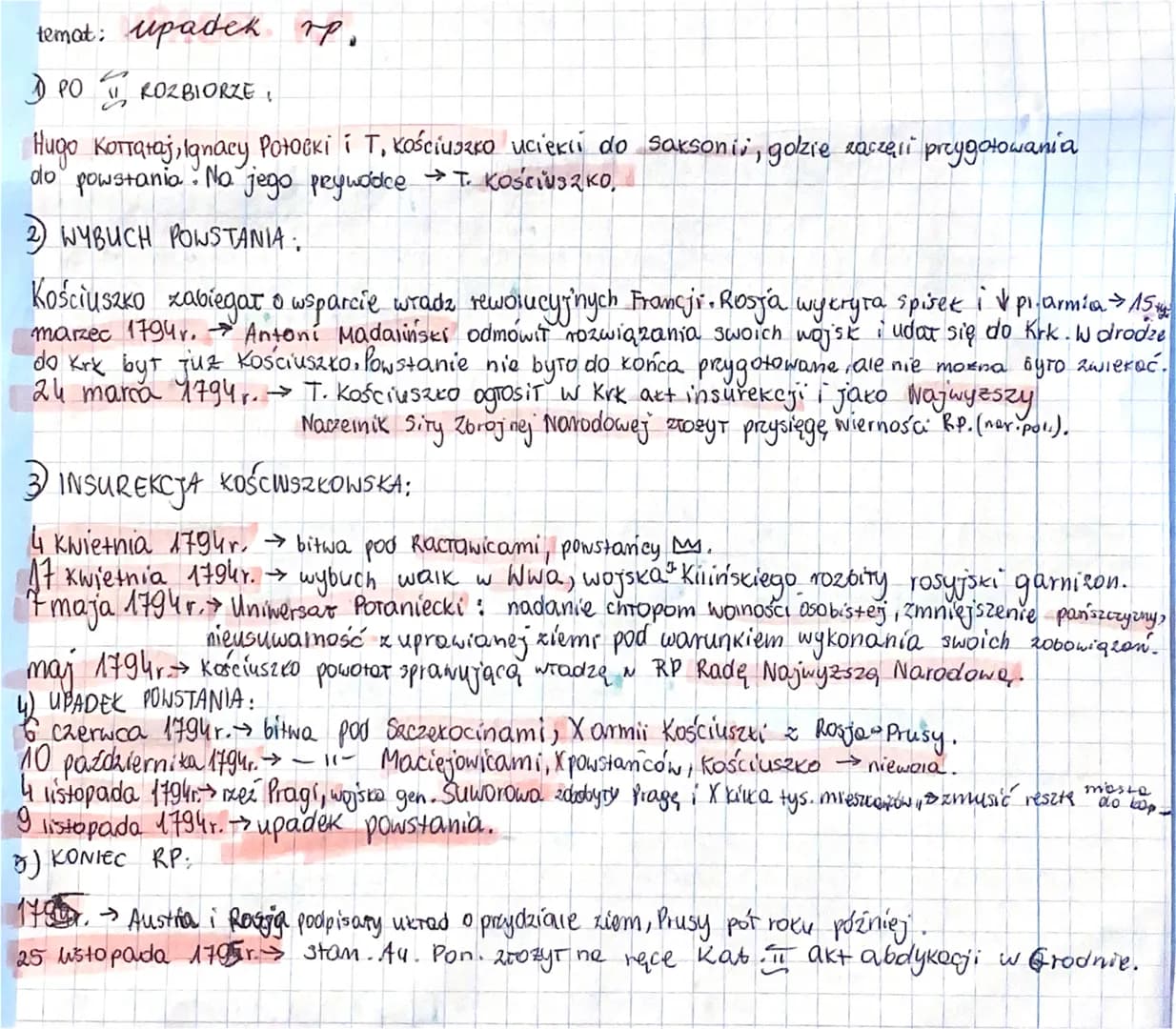 temat: upadek rp.
1 PO 1 ROZBIORZE,
Hugo Kottataj, Ignacy Potocki i T. Kościuszko uciekli do
do powstania. Na jego prywadce +T. Kościuszko, 