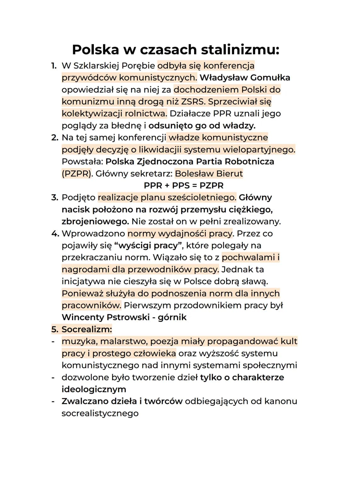Polska w czasach stalinizmu:
1. W Szklarskiej Porębie odbyła się konferencja
przywódców komunistycznych. Władysław Gomułka
opowiedział się n