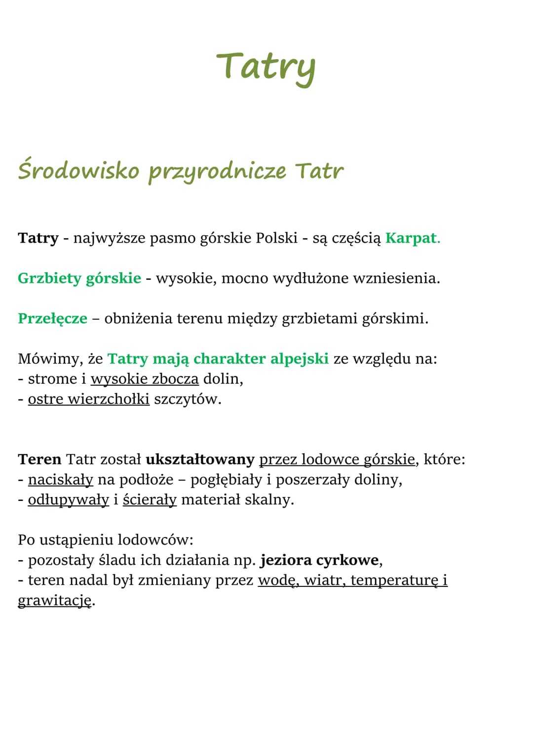 Tatry
Środowisko przyrodnicze Tatr
Tatry - najwyższe pasmo górskie Polski - są częścią Karpat.
Grzbiety górskie - wysokie, mocno wydłużone w