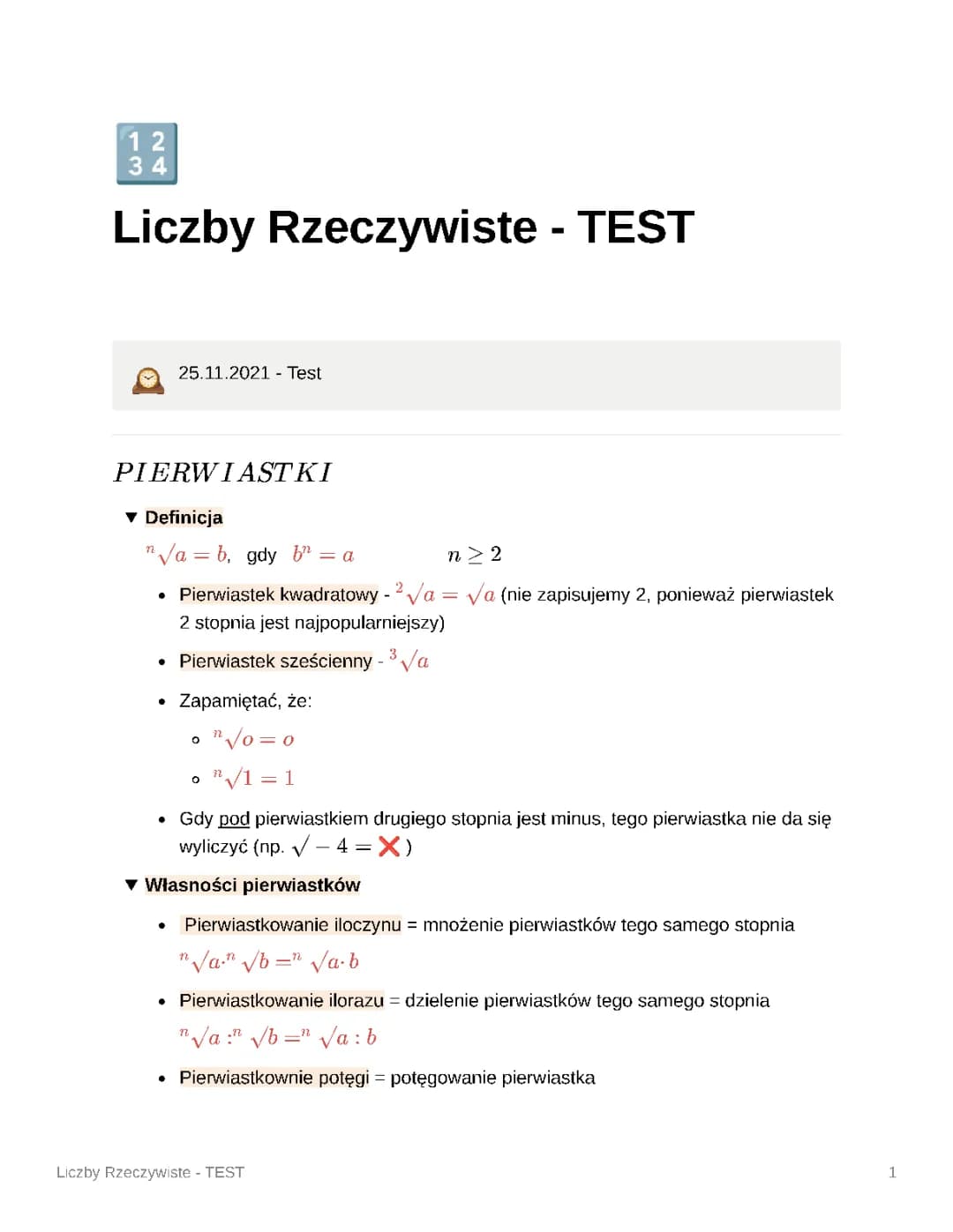 Liczby rzeczywiste - sprawdzian dla klasy 1 liceum i technikum PDF