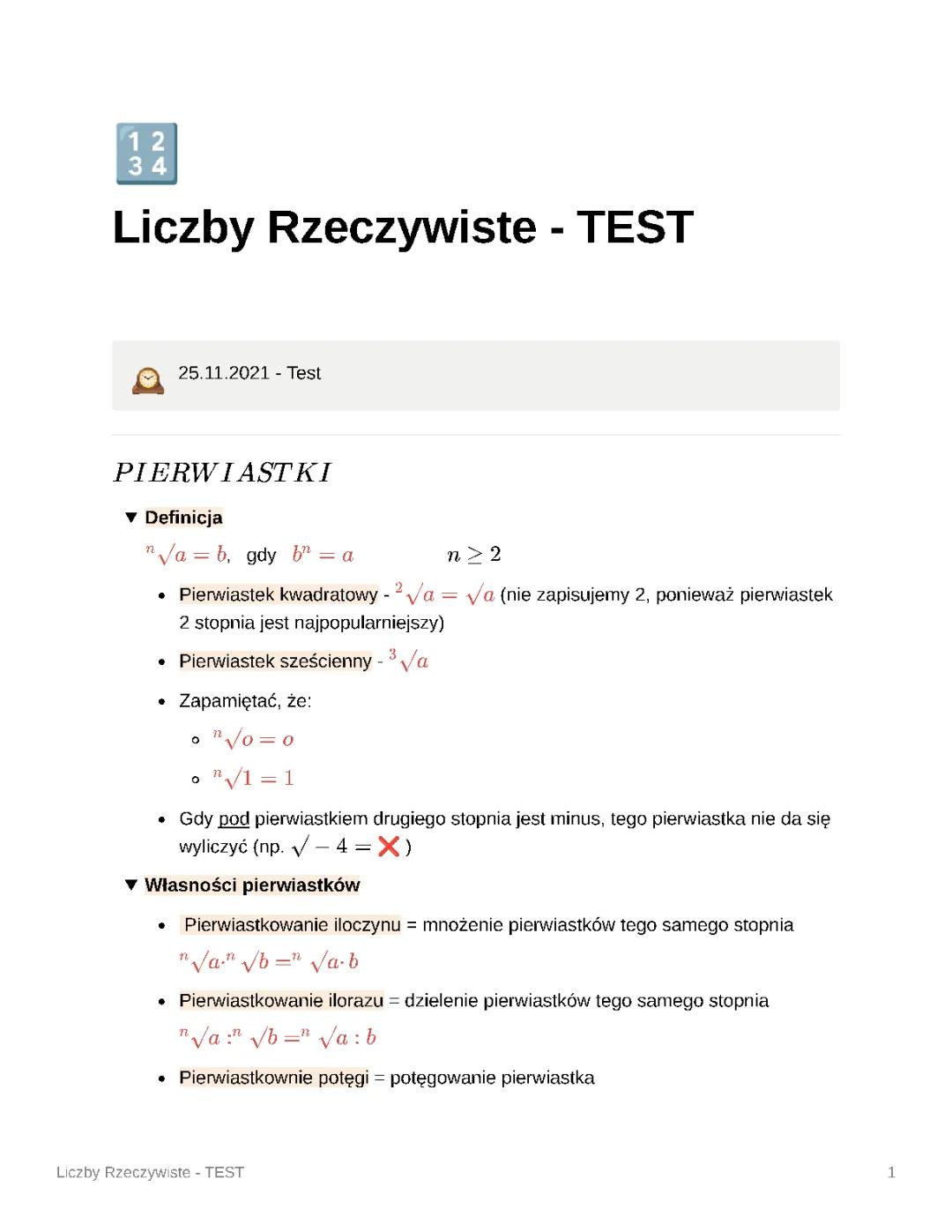 Liczby rzeczywiste - sprawdzian dla klasy 1 liceum i technikum PDF