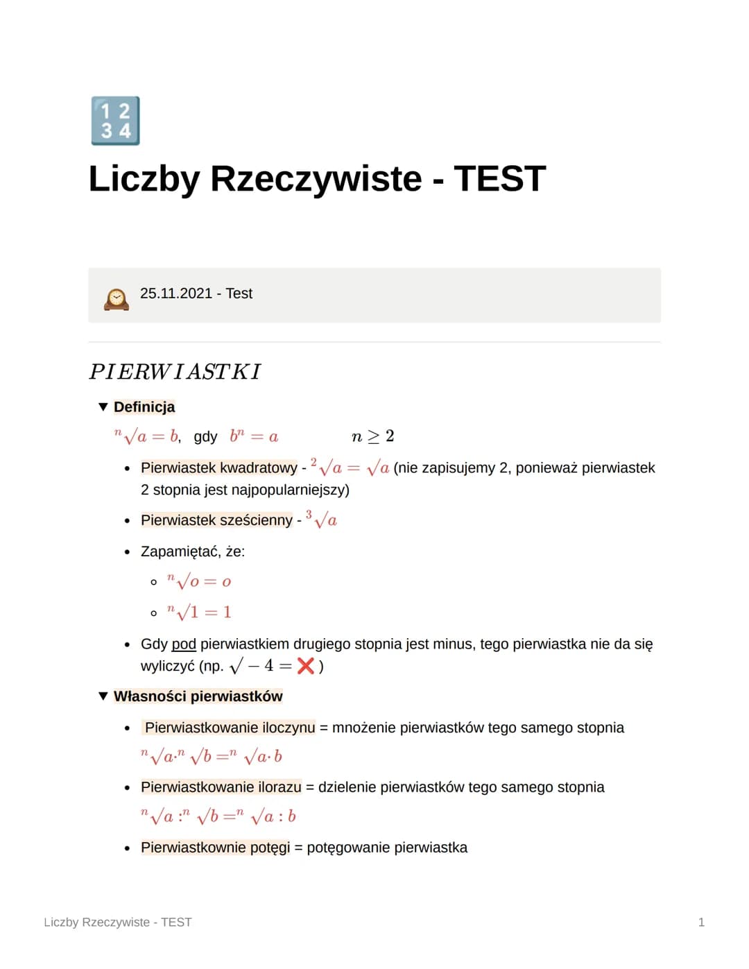 12
34
Liczby Rzeczywiste - TEST
PIERWIASTKI
25.11.2021 Test
▼ Definicja
"Vab, gdy bn = a
n>2
• Pierwiastek kwadratowy - 2√a = √a (nie zapisu