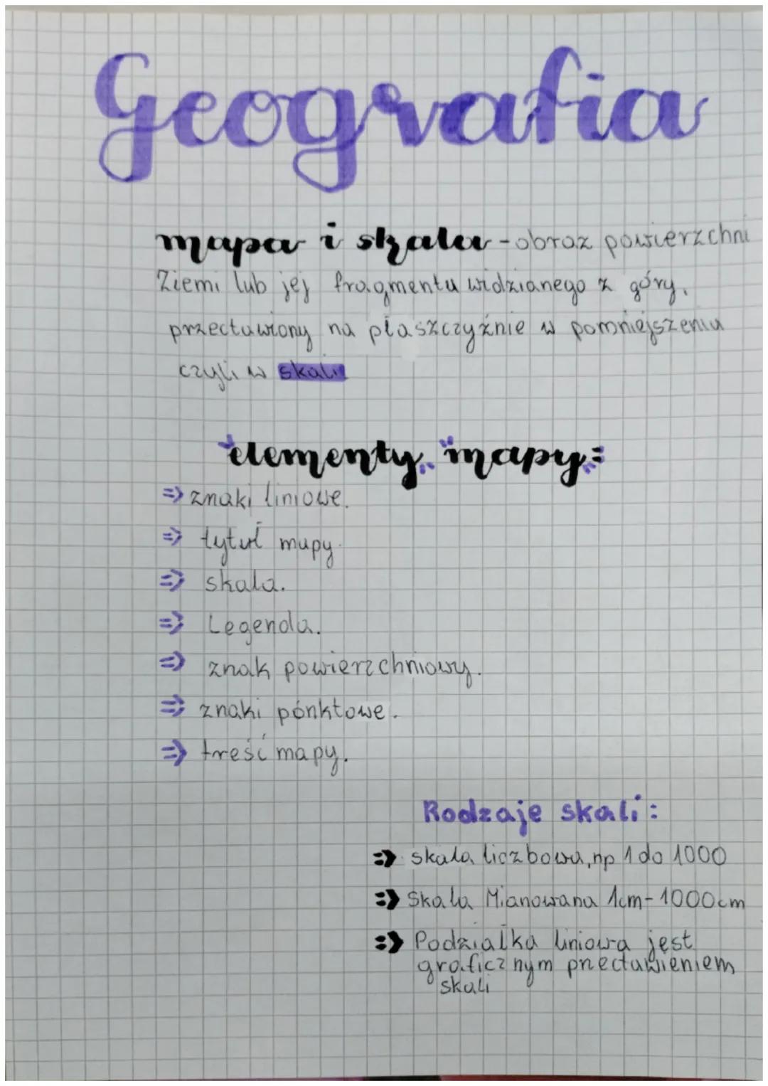 Geografia
mapa i skater-obraz powierzchni
Ziemi lub jej fragmentu widzianego z gory.
przectu wiony
na
płaszczyźnie w pomniejszeniu
czyli w s