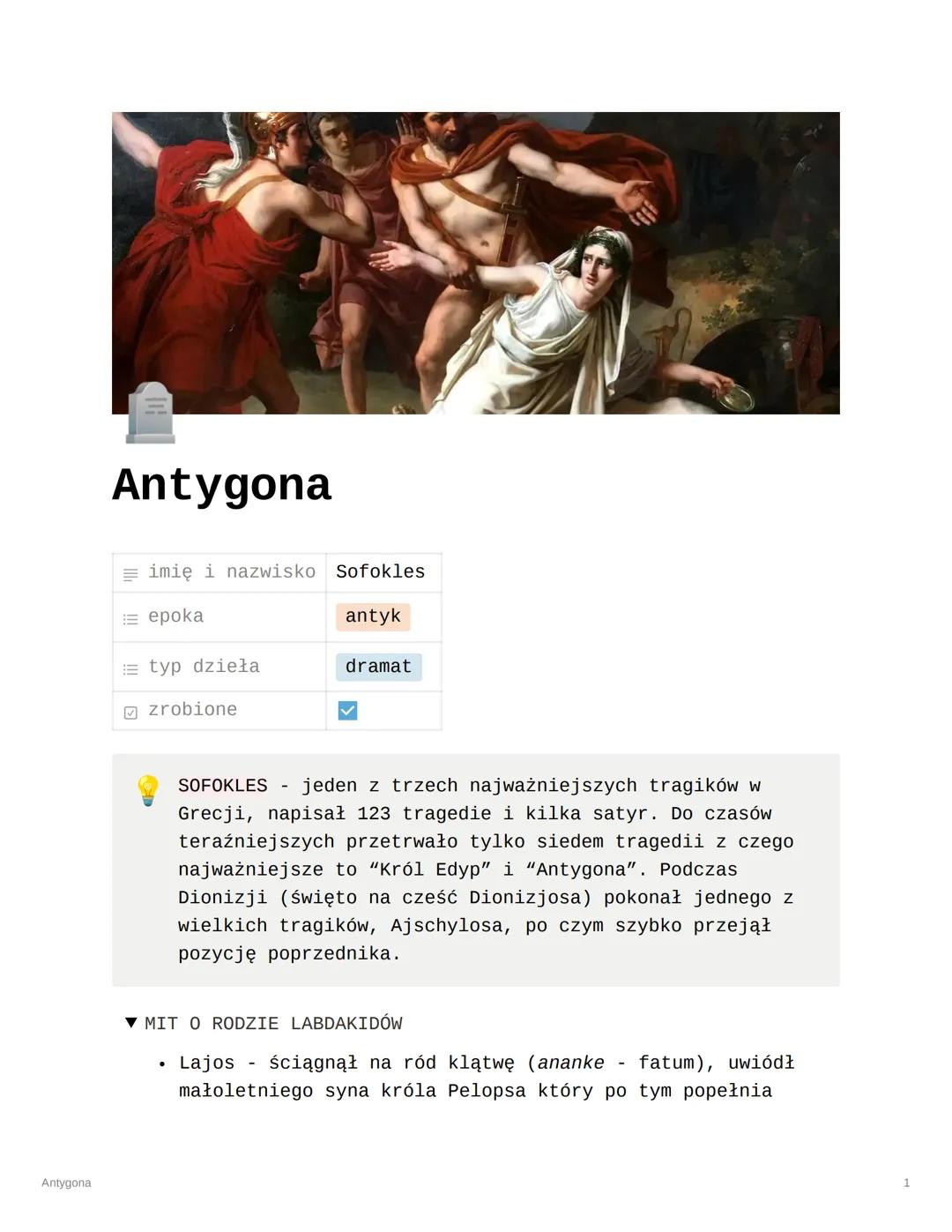 Antygona
Antygona
imię i nazwisko Sofokles
epoka
antyk
typ dzieła
zrobione
dramat
-
SOFOKLES jeden z trzech najważniejszych tragików w
Grecj