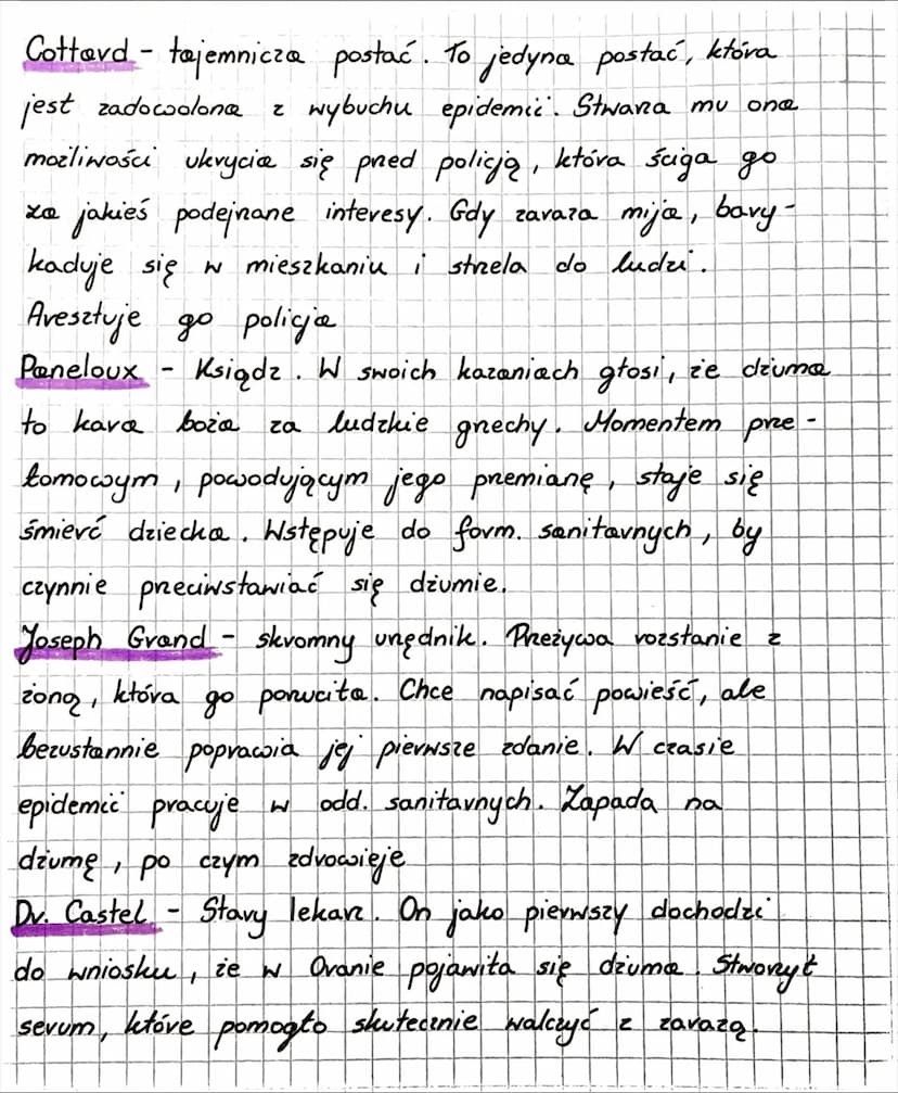 Dżuma
Albert Camus
• akcja vozgrywa się w latach 40. XX w. W Oranie,
nadmovskim mieście w
Algieric
bohaterowie
Bernard Rieux - główny bohate