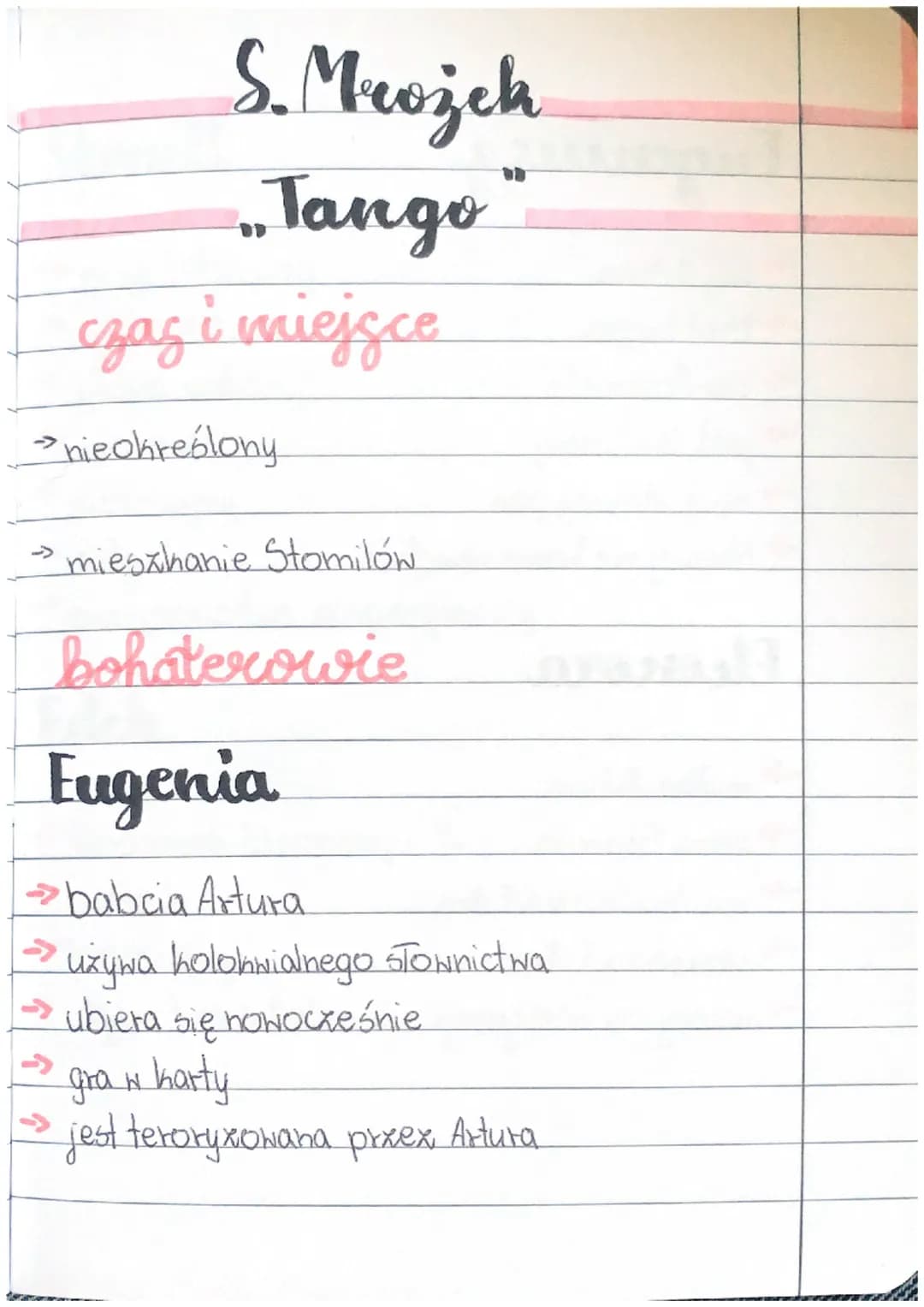 S. Mrożek
„Tango"
сзад i miejsce
nieokreślony
→mieszkanie Stomilów.
bohaterowie
Eugenia
→babcia Artura
używa kolokwialnego słownictwa.
→ubie
