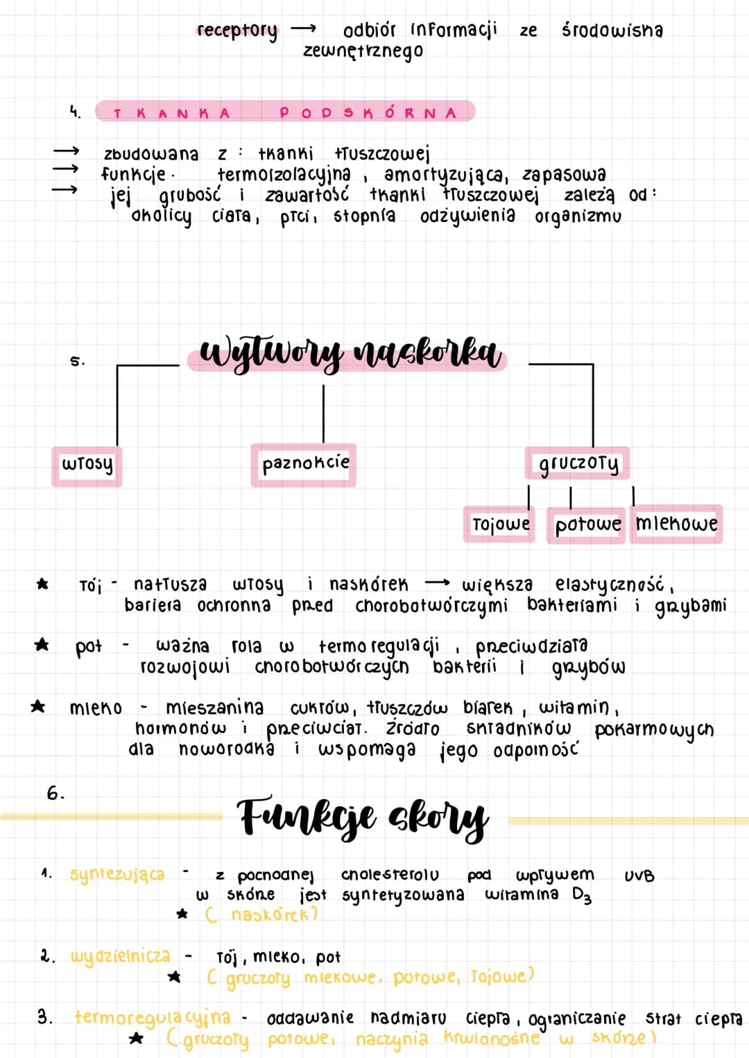 ★
★
4.
↑↑↑
6.
S.
włosy
TKANKA
pot
zbudowana z tkanki +Tuszczowej
funkcje.
termoizolacyjna, amortyzująca, zapasowa
jej grubość i zawartość tk