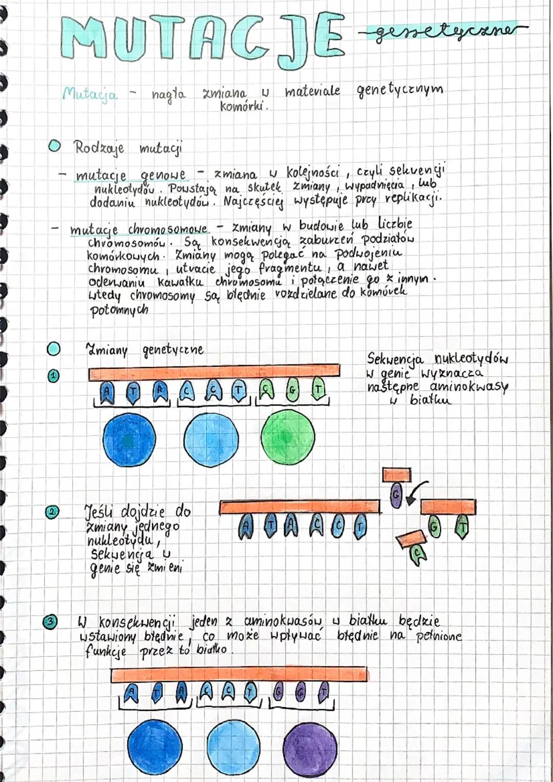 MUTACJE
1
Mutacja
O Rodzaje mutagi
mutacje genowe zmiana w kolejności, czyli sekvenci
nukleotydou. Powstają na skutek zmiany, wypadnięcia, l
