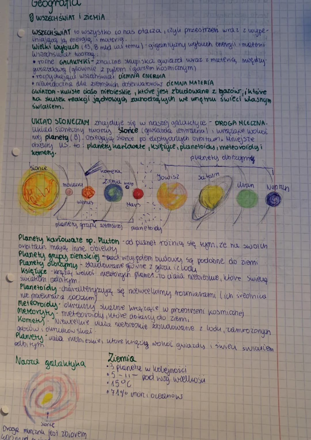 Geografia
WSZECHŚWIAT ZIEMIA
WSZECHŚWIAT to wszystko co nas otacza, czyli przestrzeń wraz z wy
iniajqaa ja energia i materia.
шуре-
1
Wielki