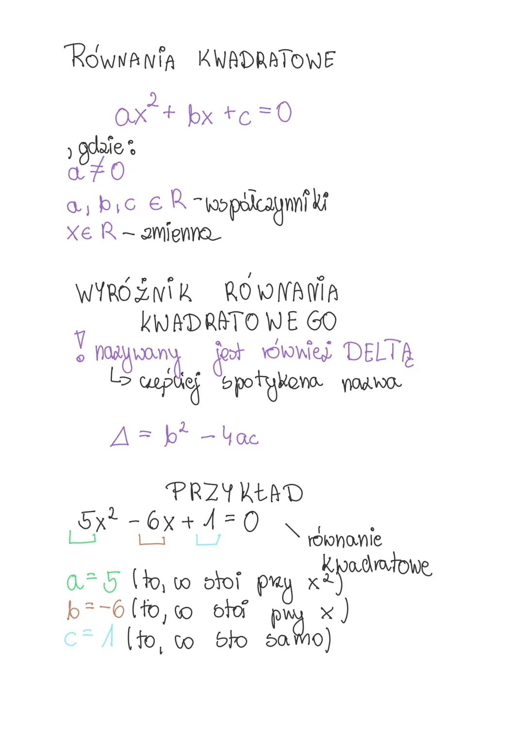 RÓWNANIA KWADRATOWE
ax²2²+bx+c=0
gdzie:
a to
a, b, c ER -współczynniki
XER-amienna
WYRÓZNIK RÓWNANIA
KWADRATOWE GO
nazywany jest równies DEL