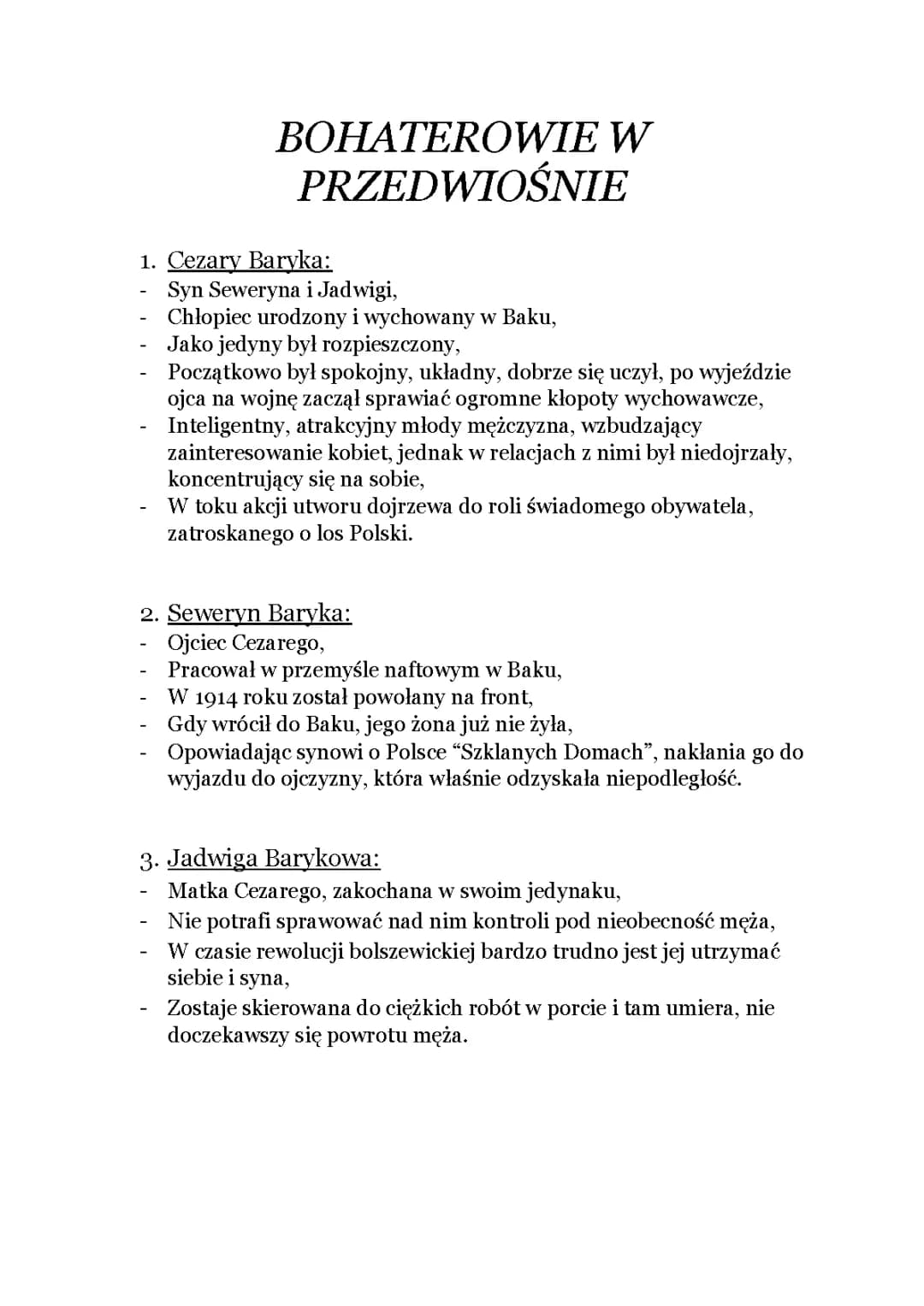 Główni Bohaterowie Przedwiośnia: Cezary Baryka, Seweryn Baryka i Jadwiga Baryka