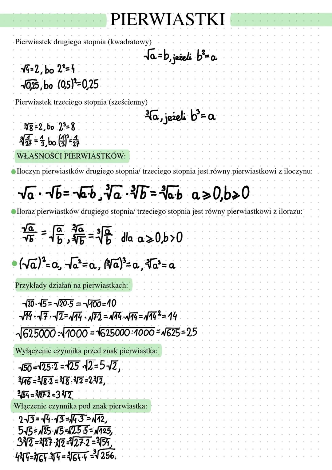 Pierwiastek drugiego stopnia (kwadratowy)
PIERWIASTKI
8=2, bo 2²-8
√√4-2, bo 2²=4
√0,25, bo (0,5)²-0,25
Pierwiastek trzeciego stopnia (sześc