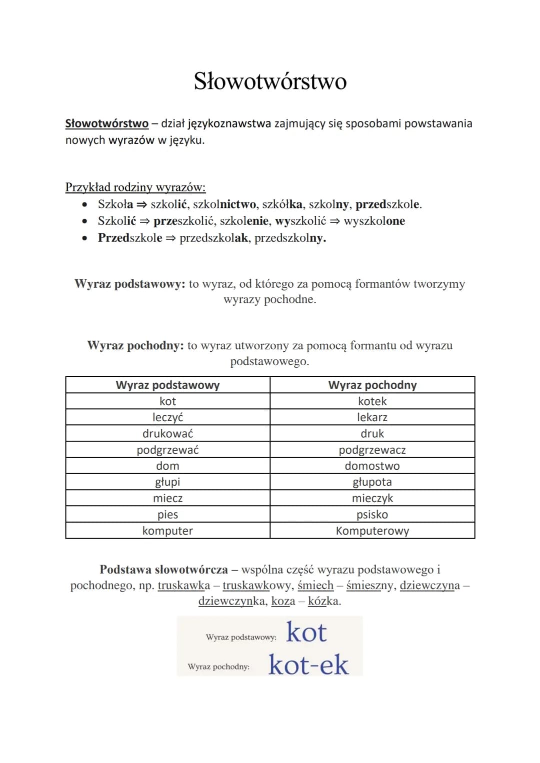 Słowotwórstwo
Słowotwórstwo - dział językoznawstwa zajmujący się sposobami powstawania
nowych wyrazów w języku.
Przykład rodziny wyrazów:
Sz