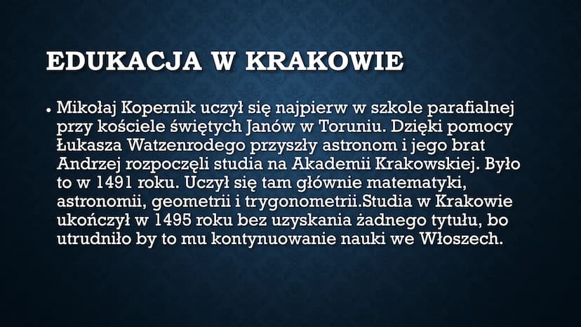 Mikołaj Kopernik
Wykonała Alicja Wiecheć W SKRÓCIE
• Mikołaj Kopernik urodził się 19 lutego 1473
roku w Toruniu jako syn kupca. Udowodnił,
ż